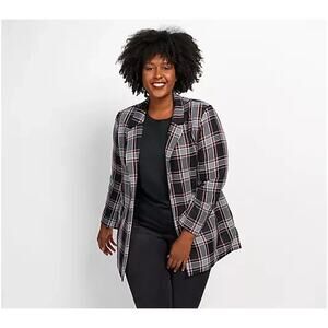 Du Jour Plaid Boyfriend Blazer Red White Black Sz Small Open Front Lined NEW